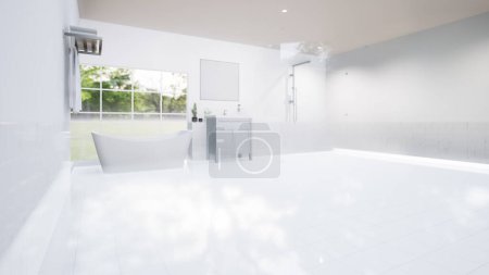 Photo for 3d rendering of white tile floor with grid line, texture or pattern. Modern interior design of bathroom, shower room in perspective view. Empty space, clean, bright, shiny surface, reflection with light from windown for product display background. - Royalty Free Image