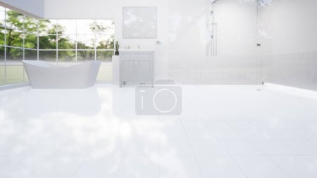 Téléchargez les photos : Rendu 3d de carrelage blanc au sol avec ligne de grille, texture ou motif. Design intérieur moderne de salle de bains, salle de douche en perspective. Espace vide, propre, lumineux, surface brillante, réflexion avec la lumière de la liquidation pour l'arrière-plan d'affichage du produit. - en image libre de droit
