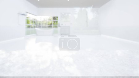 Téléchargez les photos : 3d rendu de comptoir en marbre blanc ou comptoir avec salle de bain floue ou salle de douche. Design d'intérieur moderne en perspective. Espace vide avec motif de texture de roche ou de pierre à la surface pour le fond. - en image libre de droit