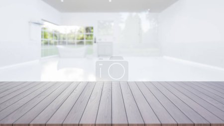 Photo for 3d rendering of wood counter, table top or countertop with blur bathroom or shower room. Modern interior design in perspective view. Empty space with wooden texture pattern at surface for product display background. - Royalty Free Image