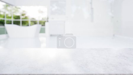 3D-Rendering der weißen Marmortheke oder Arbeitsplatte mit unscharfem Badezimmer oder Duschbad. Moderne Innenarchitektur in der Perspektive. Leerer Raum mit Gesteins- oder Steinstrukturmuster an der Oberfläche für Hintergrund.