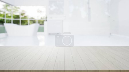 Foto de 3d representación de mostrador de madera, mesa o encimera con baño borroso o cuarto de baño con ducha. Diseño interior moderno en perspectiva. Espacio vacío con patrón de textura de madera en la superficie para el fondo de la pantalla del producto. - Imagen libre de derechos