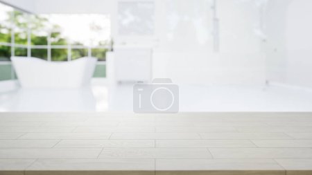 3D-Rendering von Holztheke, Tischplatte oder Arbeitsplatte mit unscharfem Badezimmer oder Duschbad. Modernes Interieur aus perspektivischer Sicht. Leerer Raum mit hölzernem Texturmuster an der Oberfläche für Produktdisplay-Hintergrund.