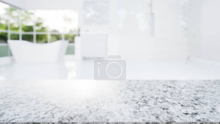 Photo for 3d rendering of granite stone counter or countertop with blur bathroom, shower room. Modern interior design in perspective. Empty space with texture pattern at surface for product display background. - Royalty Free Image