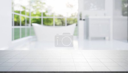 Foto de 3d representación de mostrador de azulejos o encimera con baño borroso, cuarto de baño. Diseño interior moderno en perspectiva. Espacio vacío con baldosas de cerámica y patrón de textura de línea de rejilla en la superficie para el fondo - Imagen libre de derechos