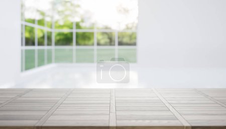 Foto de 3d representación de mostrador de madera de arce, mesa o encimera con baño borroso o cuarto de baño con ducha. Diseño interior moderno en perspectiva. Espacio vacío con patrón de textura de madera en la superficie para el fondo. - Imagen libre de derechos