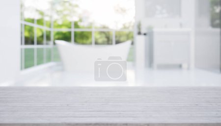 3D-Rendering von Holztheke, Tischplatte oder Arbeitsplatte mit unscharfem Badezimmer oder Duschbad. Modernes Interieur aus perspektivischer Sicht. Leerer Raum mit hölzernem Strukturmuster an der Oberfläche für den Hintergrund.