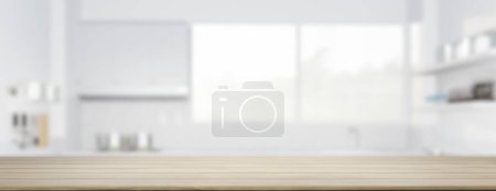 Téléchargez les photos : 3d rendu de comptoir en bois d'érable, dessus de table. Inclure cuisine floue, la lumière de la fenêtre. Design d'intérieur moderne en perspective. Espace vide avec motif de texture en bois à la surface pour le fond. - en image libre de droit