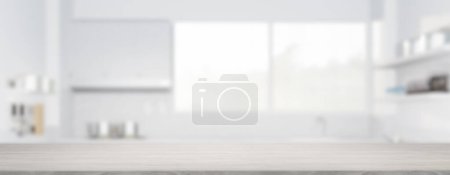 Foto de 3d representación de mostrador de madera de arce, mesa. Incluye cocina borrosa, luz de la ventana. Diseño interior moderno en perspectiva. Espacio vacío con patrón de textura de madera en la superficie para el fondo. - Imagen libre de derechos