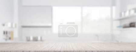 Téléchargez les photos : 3d rendu de comptoir de planche de bois rugueux, dessus de table. Inclure cuisine floue, la lumière de la fenêtre. Design d'intérieur moderne en perspective. Espace vide avec motif de texture en bois à la surface pour le fond. - en image libre de droit