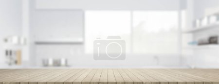 Photo for 3d rendering of maple wood counter, table top. Include blur kitchen, light from window. Modern interior design in perspective. Empty space with wooden texture pattern at surface for background. - Royalty Free Image