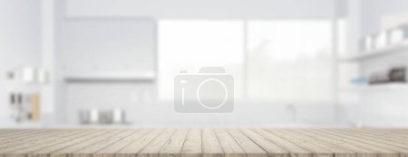 Photo for 3d rendering of rough wood plank counter, table top. Include blur kitchen, light from window. Modern interior design in perspective. Empty space with wooden texture pattern at surface for background. - Royalty Free Image