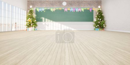 Photo for 3d rendering of empty classroom consist of wood floor, board or chalkboard, christmas tree and gift for teacher and student to teach, study and celebration. Background for education, christmas. - Royalty Free Image