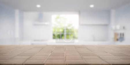 Foto de 3d representación de mostrador de madera, mesa. Incluye cocina borrosa, luz de la ventana y la naturaleza. Diseño interior moderno en perspectiva. Espacio vacío con patrón de textura de madera en la superficie para el fondo. - Imagen libre de derechos