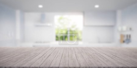 3d rendering of wood counter, table top. Include blur kitchen, light from window and nature. Modern interior design in perspective. Empty space with wooden texture pattern at surface for background.