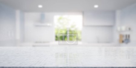 Photo for 3d rendering of white and gray mosaic counter. Include blur kitchen room, light from window. Modern interior design in perspective. Empty space with texture pattern for product display background. - Royalty Free Image