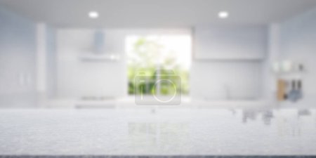 Téléchargez les photos : 3d rendu de comptoir en marbre blanc. Inclure salle de cuisine floue, lumière de la fenêtre, nature verte. Design d'intérieur moderne en perspective. Espace vide avec motif de texture de roche ou de pierre pour le fond. - en image libre de droit