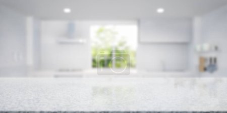 Foto de 3d representación de piedra de granito contador o encimera. Incluye sala de cocina borrosa, luz de la ventana, naturaleza verde. Diseño interior moderno en perspectiva. Espacio vacío con patrón de textura para el fondo. - Imagen libre de derechos