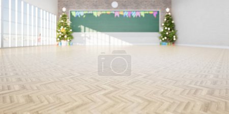Photo for 3d rendering of empty classroom consist of parquet wood floor, board or chalkboard, christmas tree and gift for teacher, student to teach, study and celebration. Background for education, christmas. - Royalty Free Image