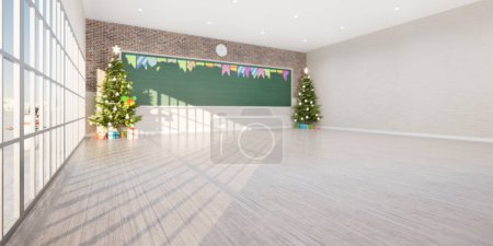 Photo for 3d rendering of empty classroom consist of maple wood floor, board or chalkboard, christmas tree and gift for teacher and student to teach, study and celebration. Background for education, christmas. - Royalty Free Image