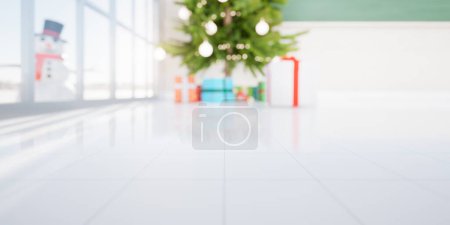 Photo for 3d rendering of empty classroom consist of white tile floor, board or chalkboard, christmas tree and gift for teacher and student to teach, study and celebration. Background for education, christmas. - Royalty Free Image