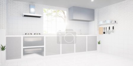 Photo for 3d rendering of kitchen room. Interior decor by white tile floor, clear glass in window, cabinet, counter sink and smoke hood. Include green nature and empty space for product display or background. - Royalty Free Image