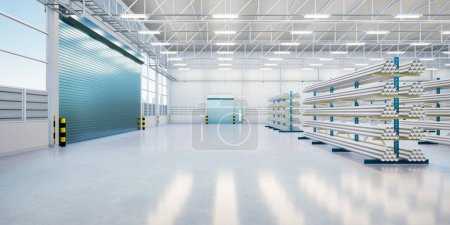 Photo for 3d rendering of steel pipe product, row of shelf and concrete floor inside large warehouse building, factory or store for product display background of steel production industry and manufacturing. - Royalty Free Image