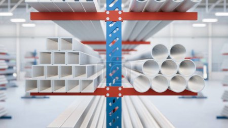 Photo for 3d rendering of steel pipe product both round and square on shelf inside warehouse, factory or store. Construction material from metallurgy industry, steel production, engineering and manufacturing. - Royalty Free Image