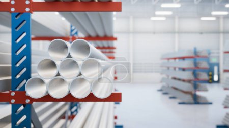 Photo for 3d rendering of steel pipe product or round pipe on shelf inside warehouse, factory or store building. Construction material from metallurgy industry, steel production, engineering and manufacturing. - Royalty Free Image