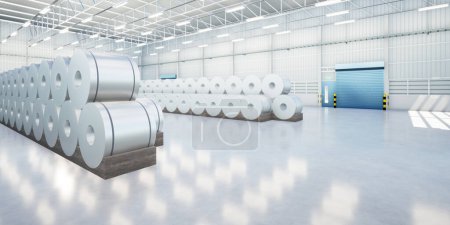 Photo for 3d rendering of roll steel, stainless steel or galvanized steel coil inside factory, store or warehouse building. Industrial product manufacturing or production from hot cold process for construction. - Royalty Free Image