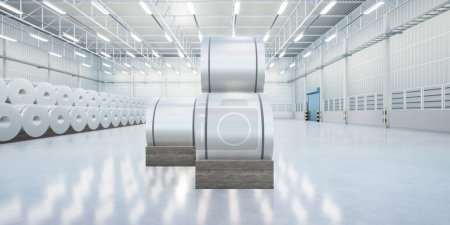 Photo for 3d rendering of roll steel, stainless steel or galvanized steel coil inside factory, store or warehouse building. Industrial product manufacturing or production from hot cold process for construction. - Royalty Free Image