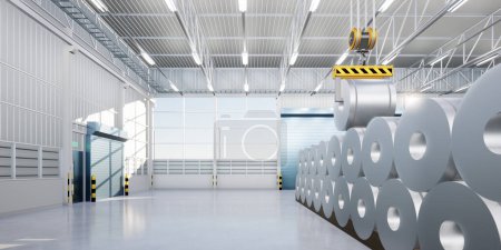 Photo for 3d rendering of roll steel, stainless or galvanized steel coil inside factory or warehouse. Include concrete floor, overhead crane. To lift industrial product in manufacturing, production process. - Royalty Free Image
