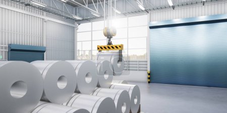 Photo for 3d rendering of roll steel, stainless or galvanized steel coil inside factory or warehouse. Include overhead crane, hoist hook. To lift industrial product in manufacturing or production process. - Royalty Free Image
