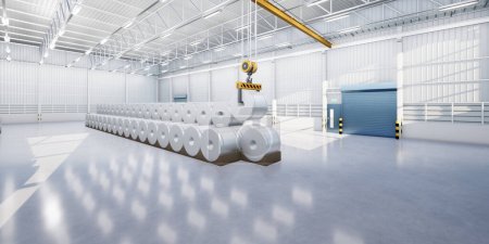 Photo for 3d rendering of roll steel, stainless or galvanized steel coil inside factory or warehouse. Include overhead crane, hoist hook. To lift industrial product in manufacturing or production process. - Royalty Free Image