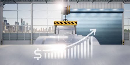 Photo for 3d rendering of roll steel, stainless or galvanized steel coil inside factory, store or warehouse. Include overhead crane, increase bar chart or graph. Concept of growth profit, steel price and trend. - Royalty Free Image