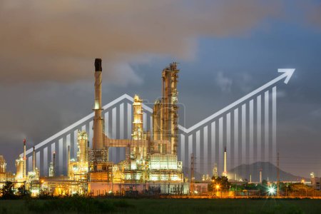 Photo for Oil gas refinery or petrochemical plant. Include arrow, graph or bar chart. Increase trend or growth of production, market price, demand, supply. Concept of business, industry, fuel, power energy. - Royalty Free Image