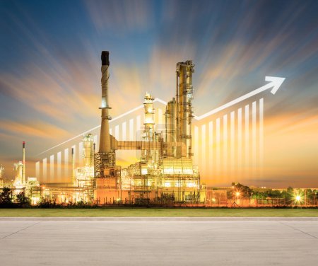 Photo for Oil gas refinery or petrochemical plant. Include arrow, graph or bar chart. Increase trend or growth of production, market price, demand, supply. Concept of business, industry, fuel, power energy. - Royalty Free Image