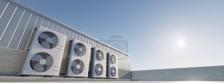Foto de 3d rendering of condenser unit or compressor on rooftop of industrial plant, factory. Unit of ac or air conditioner, hvac or heating ventilation and air conditioning system. Motor, pump and fan inside - Imagen libre de derechos
