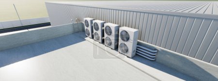 Téléchargez les photos : 3d rendering of condenser unit or compressor on rooftop of industrial plant, factory. Unit of ac or air conditioner, hvac or heating ventilation and air conditioning system. Motor, pump and fan inside - en image libre de droit