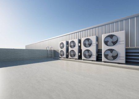 Téléchargez les photos : 3d rendering of condenser unit or compressor on rooftop of industrial plant, factory. Unit of ac or air conditioner, hvac or heating ventilation and air conditioning system. Motor, pump and fan inside - en image libre de droit
