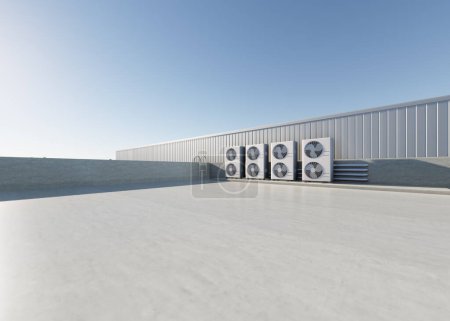 Photo for 3d rendering of condenser unit or compressor on rooftop of industrial plant, factory. Unit of ac or air conditioner, hvac or heating ventilation and air conditioning system. Motor, pump and fan inside - Royalty Free Image