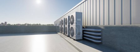 Photo for 3d rendering of condenser unit or compressor on rooftop of industrial plant, factory. Unit of ac or air conditioner, hvac or heating ventilation and air conditioning system. Motor, pump and fan inside - Royalty Free Image