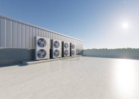 Foto de 3d rendering of condenser unit or compressor on rooftop of industrial plant, factory. Unit of ac or air conditioner, hvac or heating ventilation and air conditioning system. Motor, pump and fan inside - Imagen libre de derechos