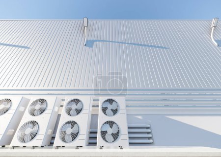 3d rendering of condenser unit or compressor outside factory plant. Unit of ac air conditioner, heating ventilation or hvac air conditioning system. Include fan, coil and pump inside for heat and cool