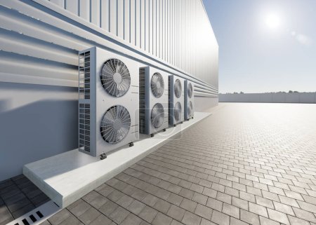 Foto de 3d rendering of condenser unit or compressor outside factory plant. Unit of ac air conditioner, heating ventilation or hvac air conditioning system. Include fan, coil and pump inside for heat and cool - Imagen libre de derechos