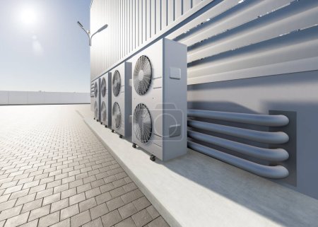 Téléchargez les photos : 3d rendering of condenser unit or compressor outside factory plant. Unit of ac air conditioner, heating ventilation or hvac air conditioning system. Include fan, coil and pump inside for heat and cool - en image libre de droit