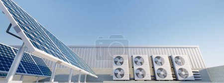 Téléchargez les photos : 3d rendering of photovoltaic cell on solar panel, condenser unit or compressor on rooftop. Eco building with system technology for future. To generate electrical power or direct current electricity. - en image libre de droit