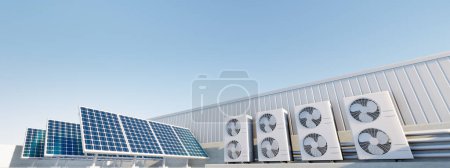 Photo for 3d rendering of photovoltaic cell on solar panel, condenser unit or compressor on rooftop. Eco building with system technology for future. To generate electrical power or direct current electricity. - Royalty Free Image