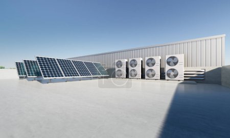Foto de 3d rendering of photovoltaic cell on solar panel, condenser unit or compressor on rooftop. Eco building with system technology for future. To generate electrical power or direct current electricity. - Imagen libre de derechos
