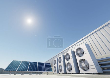 3d rendering of photovoltaic cell on solar panel, condenser unit or compressor on rooftop. Eco building with system technology for future. To generate electrical power or direct current electricity.